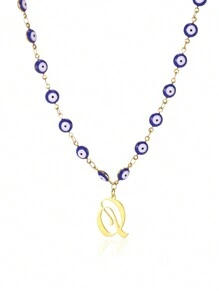 1pc Gold Stainless Steel Blue Evil Eye Initial A-Z Pendant Necklace Suitable For Women, Festival Gift