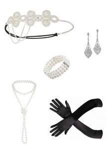 5 件 1920 年代盖茨比配饰套装 女士飞来波女郎头带 20 年代头饰项链手套手镯舞会 - 銀色 - 查看 2