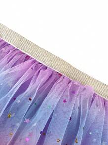 Young Girls' Gradient Mesh Skirt With Moon, Star & Glitter Sequins For Dance, Festival Performance Dress-Up