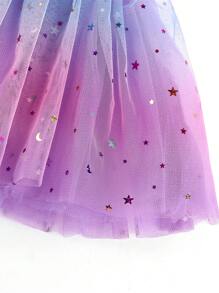 Young Girls' Gradient Mesh Skirt With Moon, Star & Glitter Sequins For Dance, Festival Performance Dress-Up