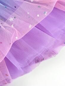 Young Girls' Gradient Mesh Skirt With Moon, Star & Glitter Sequins For Dance, Festival Performance Dress-Up