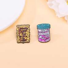 2pcs English Book Style Pin Enamel Cartoon Medicine Bottle Shape Brooch Clothing Decoration Alloy Dripping Oil Thorn Butterfly Buckle Horse Pin Badge - Multicolor - View 1