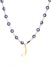 1pc Gold Stainless Steel Blue Evil Eye Initial A-Z Pendant Necklace Suitable For Women, Festival Gift