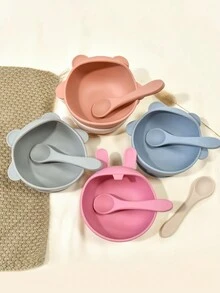 2入組嬰幼兒卡通硅膠防濺水耐高溫餐食碗匙套裝,適用於嬰兒自主進食 - 藍色 - 查看 1