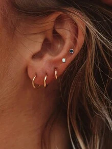 7對時尚金色和銀色不銹鋼耳環套裝,適合男女日常佩戴,經典銀色耳環、立體方形耳環、環型耳飾、花式軟骨耳環曲線、情侶禮物、女性禮物、朋友禮物、女友禮物 - 銀色耳環耳環套裝(黑色石頭) - 查看 1