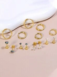 7對時尚金色和銀色不銹鋼耳環套裝,適合男女日常佩戴,經典銀色耳環、立體方形耳環、環型耳飾、花式軟骨耳環曲線、情侶禮物、女性禮物、朋友禮物、女友禮物 - 銀色耳環耳環套裝(黑色石頭) - 查看 3