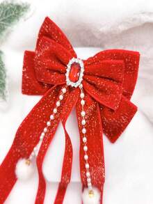 1pc Women'S Hair Clip, Red Bowknot With Rhinestone & Pearl & Pompon Decor - Red - View 4