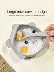 2入組嬰幼兒卡通硅膠防濺水耐高溫餐食碗匙套裝,適用於嬰兒自主進食 - 藍色 - 查看 5