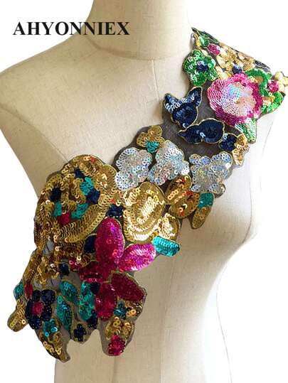 1 件大号装饰贴片，长亮片花条，服装配饰 DIY 贴花，亮片缝制，情人节、夏季、学校