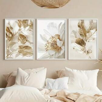 3pcs Abstract Canvas Printed Posters, White Flowers & Golden Leaves Wall Art For Living Room, Bedroom, Bathroom, Office, Hallway, Kitchen Wall Decor, Frameless