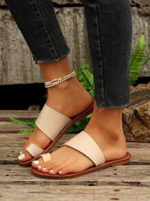 女士不对称系带平底凉鞋，带趾环，休闲舒适，非常适合海滩和户外活动 - 米色 - 查看 3
