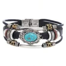 Vintage & Personalized Multi-Layer Men's Clasp Fashion Bracelet, Cross Border Beaded Leather Turquoise Bracelet - Multicolor - View 9