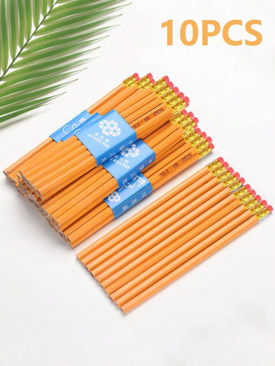 10入組/套木頭黃色鉛筆帶橡皮,HB鉛筆芯,學生文具適用於寫作和學習 - 黃色 - 查看 1