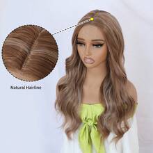 漸層啡色與金色混搭色調的混色蕾絲假髮,帶亮點的自然波浪頭髮,無膠黏貼式長身波浪塑膠蕾絲頭套前假髮,時尚女性派對度假日常妝容必備 - 漸層 - 查看 8