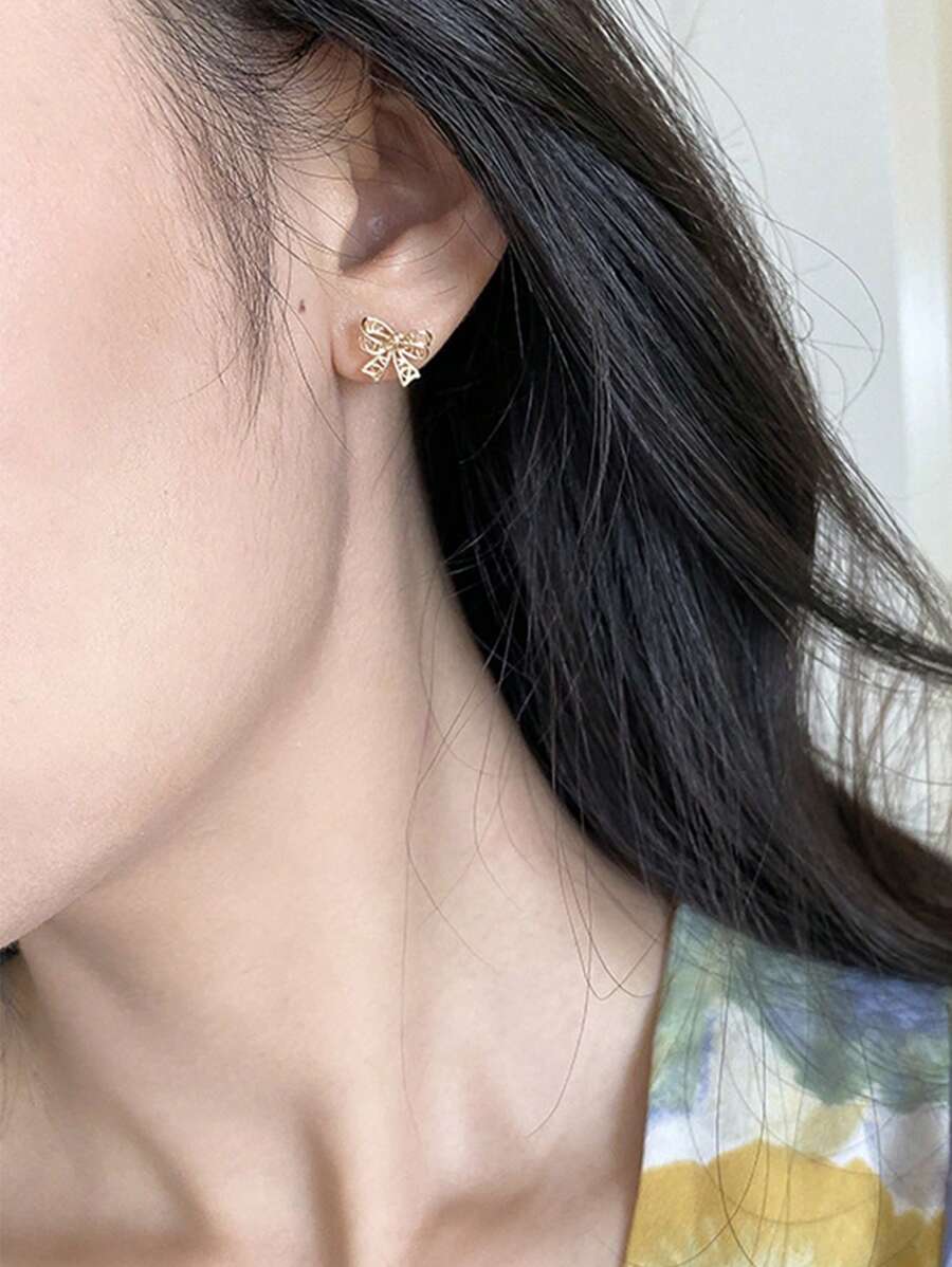 1對中空蝴蝶結精細耳釘,銀92518k金鍍時尚珠寶送給我女兒,適合婚禮情人節 - 銀色 - 查看 1