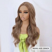 漸層啡色與金色混搭色調的混色蕾絲假髮,帶亮點的自然波浪頭髮,無膠黏貼式長身波浪塑膠蕾絲頭套前假髮,時尚女性派對度假日常妝容必備 - 漸層 - 查看 5