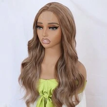 漸層啡色與金色混搭色調的混色蕾絲假髮,帶亮點的自然波浪頭髮,無膠黏貼式長身波浪塑膠蕾絲頭套前假髮,時尚女性派對度假日常妝容必備 - 漸層 - 查看 7