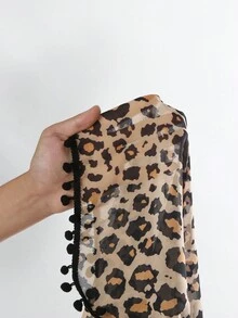 大码女式豹纹印花与渐变色高侧开衩连衣裙，带羊毛球下摆和收腰（不含比基尼）夏季 - 咖啡棕 - 查看 11