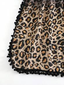 大码女式豹纹印花与渐变色高侧开衩连衣裙，带羊毛球下摆和收腰（不含比基尼）夏季 - 咖啡棕 - 查看 10