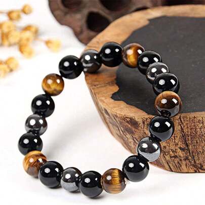1pc, Triple Protection Bracelet, Black Onyx Tiger Eye Stone Bracelet, Blessing Bracelet, Jewelry Packs, Holiday Gifts, Birthday Gifts, Mother's Day Gifts, Father's Day Gifts, Party Favors