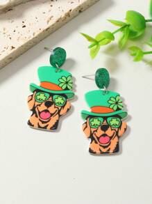 圣帕特里克节可爱猫狗幸运亚克力耳环一对 - 綠色 - 查看 4