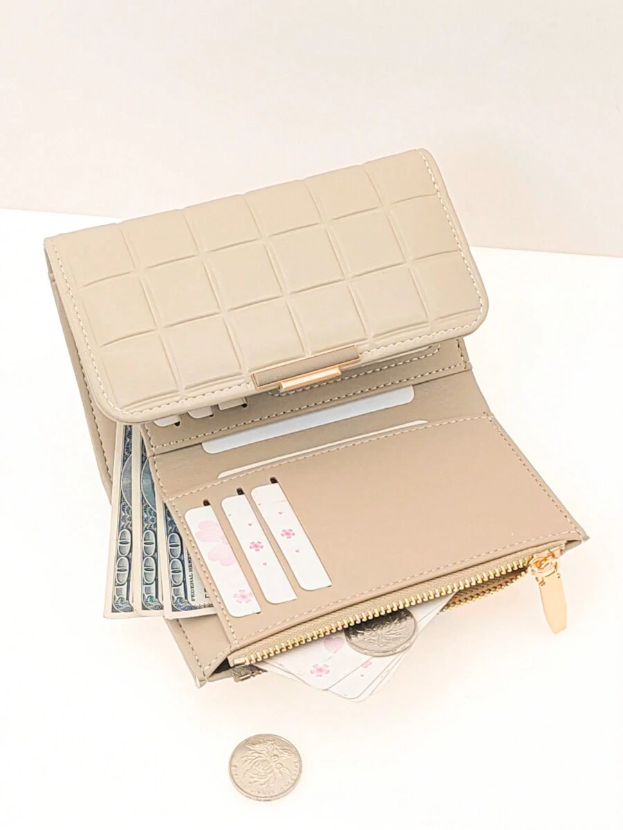 MINGYOU 短款派对绿色萤火虫优雅按扣女士长款拉链钱包，多功能大容量卡包，甜美可爱年轻时尚简约便携女士钱包 - 杏色 - 查看 1