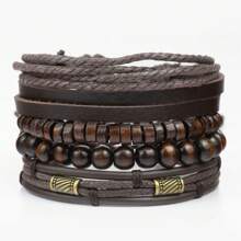 4件套复古风个性化皮革编织木珠多层手链，适合男士日常佩戴，也是节日礼物的理想之选。 - 棕色 - 查看 1