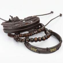 4件套复古风个性化皮革编织木珠多层手链，适合男士日常佩戴，也是节日礼物的理想之选。 - 棕色 - 查看 5