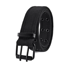 1条双孔针扣休闲腰带，男女通用，朋克风帆布材质，户外双排扣设计，适合夏季、校园休闲、商务场合，也可作为男友、丈夫、父亲的礼物，日常穿着时尚百搭，适合青少年、户外、度假、运动、旅行、街头、波西米亚风、复古风等场合。