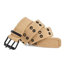 1条双孔针扣休闲腰带，男女通用，朋克风帆布材质，户外双排扣设计，适合夏季、校园休闲、商务场合，也可作为男友、丈夫、父亲的礼物，日常穿着时尚百搭，适合青少年、户外、度假、运动、旅行、街头、波西米亚风、复古风等场合。