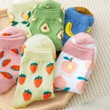 6 Pairs/Set Women's Colorful Fruit Pattern Avocado Banana Pear Watermelon Pink Peach Moisture-Wicking Comfortable Sweet Lady Streetwear Mid-Calf Socks For Spring, Autumn, Winter - Multicolor - View 3