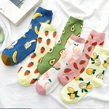 6 Pairs/Set Women's Colorful Fruit Pattern Avocado Banana Pear Watermelon Pink Peach Moisture-Wicking Comfortable Sweet Lady Streetwear Mid-Calf Socks For Spring, Autumn, Winter - Multicolor - View 1