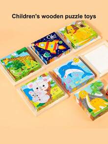 1 件木制卡通六面体拼图儿童玩具交通恐龙动物立体积木，长颈鹿，海豚，恐龙，消防车，适用于早教游戏教具，锻炼注意力和逻辑思维发展，可作为 3 岁以上儿童的生日礼物 - 長頸鹿 - 查看 4