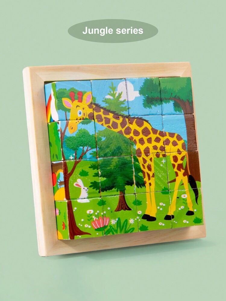 1 件木制卡通六面体拼图儿童玩具交通恐龙动物立体积木，长颈鹿，海豚，恐龙，消防车，适用于早教游戏教具，锻炼注意力和逻辑思维发展，可作为 3 岁以上儿童的生日礼物 - 長頸鹿 - 查看 1