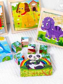 1 件木制卡通六面体拼图儿童玩具交通恐龙动物立体积木，长颈鹿，海豚，恐龙，消防车，适用于早教游戏教具，锻炼注意力和逻辑思维发展，可作为 3 岁以上儿童的生日礼物 - 長頸鹿 - 查看 9