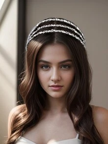 三層水鑽金屬頭帶手工銀色新娘頭飾婚禮髮飾伴娘女孩女士頭帶裝飾 - 銀色 - 查看 4