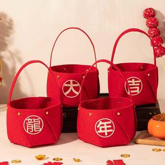 4pcs Chinese Nieuwjaar Niet-geweven Kledingstof Snoep Mand Van Draak Snack Verpakkingsdoos Met Hendel Voor 2024 Lente festival Feestartikelen