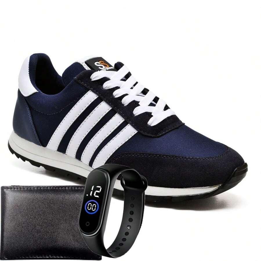 Tenis Masculino Snapshoes Listras Corrida Caminhada Esportivo  Lançamento Relogio e Carteira - Azul - Visão 1