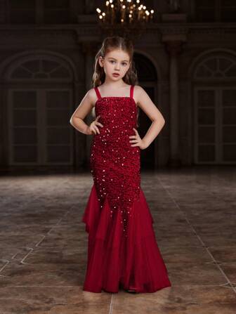 Tween 女童网眼撞色亮片鱼尾下摆连衣裙