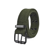 1条双孔针扣休闲腰带，男女通用，朋克风帆布材质，户外双排扣设计，适合夏季、校园休闲、商务场合，也可作为男友、丈夫、父亲的礼物，日常穿着时尚百搭，适合青少年、户外、度假、运动、旅行、街头、波西米亚风、复古风等场合。