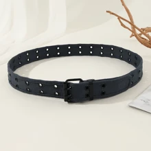 1条双孔针扣休闲腰带，男女通用，朋克风帆布材质，户外双排扣设计，适合夏季、校园休闲、商务场合，也可作为男友、丈夫、父亲的礼物，日常穿着时尚百搭，适合青少年、户外、度假、运动、旅行、街头、波西米亚风、复古风等场合。