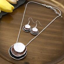 1 Set (2pcs Earrings & 1pc Necklace) Bohemian Style Three Layers Round Enamel Zinc Alloy Jewelry Set, Perfect Match For Daily Outfits Of Lovely And Elegant Women And Girlfiends - Geometry - View 17