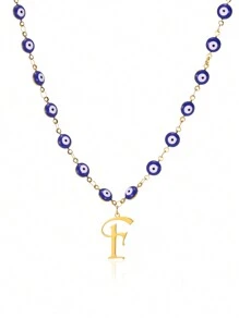 1pc Gold Stainless Steel Blue Evil Eye Initial A-Z Pendant Necklace Suitable For Women, Festival Gift