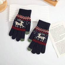 1pc Cute Deer Pattern Thickened And Warm Knit Touchscreen Gloves For Cycling, Unisex - Navy Blue - View 3