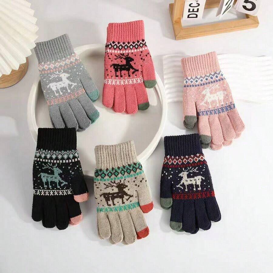1pc Cute Deer Pattern Thickened And Warm Knit Touchscreen Gloves For Cycling, Unisex - Navy Blue - View 1