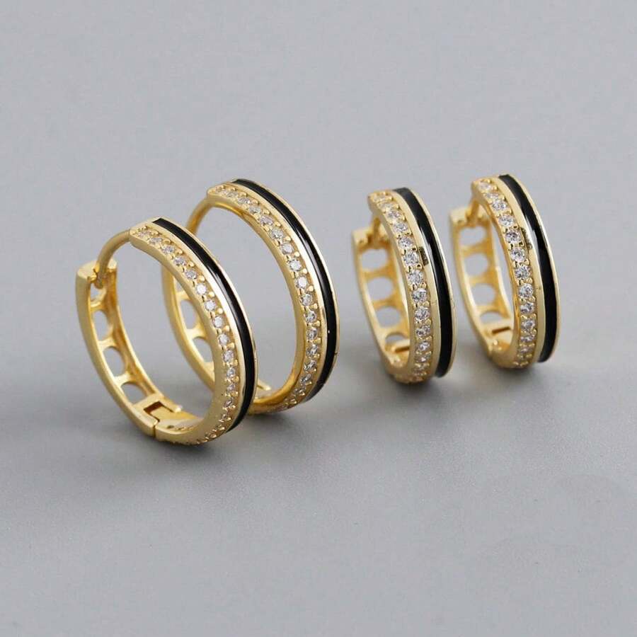 Silver Cubic Zirconia Decor Hoop Earrings - Gold - View 1