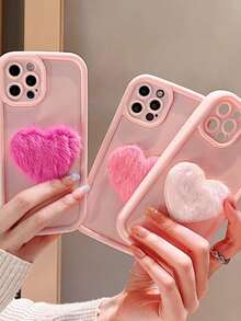 1pc Plush Heart Design Three Colors Phone Case Compatible With IPhone, Shockproof - Pink - View 2