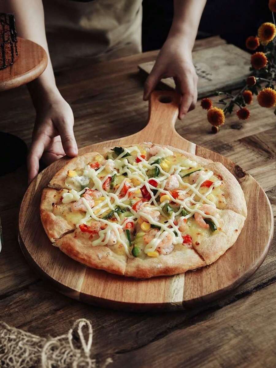 1 件,木質大披薩盤,帶手柄的家用披薩板,披薩服務板,圓形披薩切板,廚房食品托盤,適合奶酪、水果、沙拉和披薩,廚房必需品,廚房小工具用品,聖誕禮物平安夜禮物 - 棕色 - 查看 1