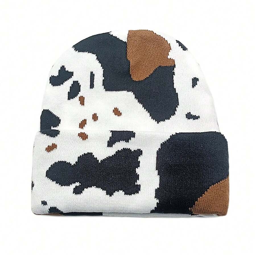 新款冬季牛折叠双层针织帽日常户外保暖豹纹 - 乳牛棕黑色 - 查看 1