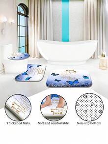 1 件/4 件藍色蝴蝶和花朵聚酯防水隔熱家居裝飾浴室浴簾帶 12 個掛鉤浴室防滑墊 U 形地墊和圓形馬桶座墊浴室套裝適合所有場景使用 - 藍色 - 查看 8